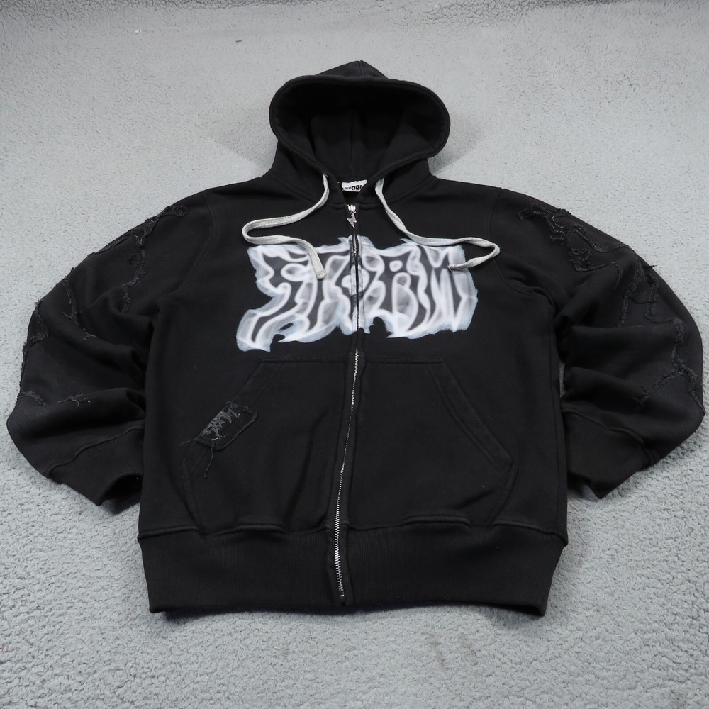 Storm Revenge Zip Up Hoodie Mens Small Black Y2K Grunge Skater Graphic Fleece